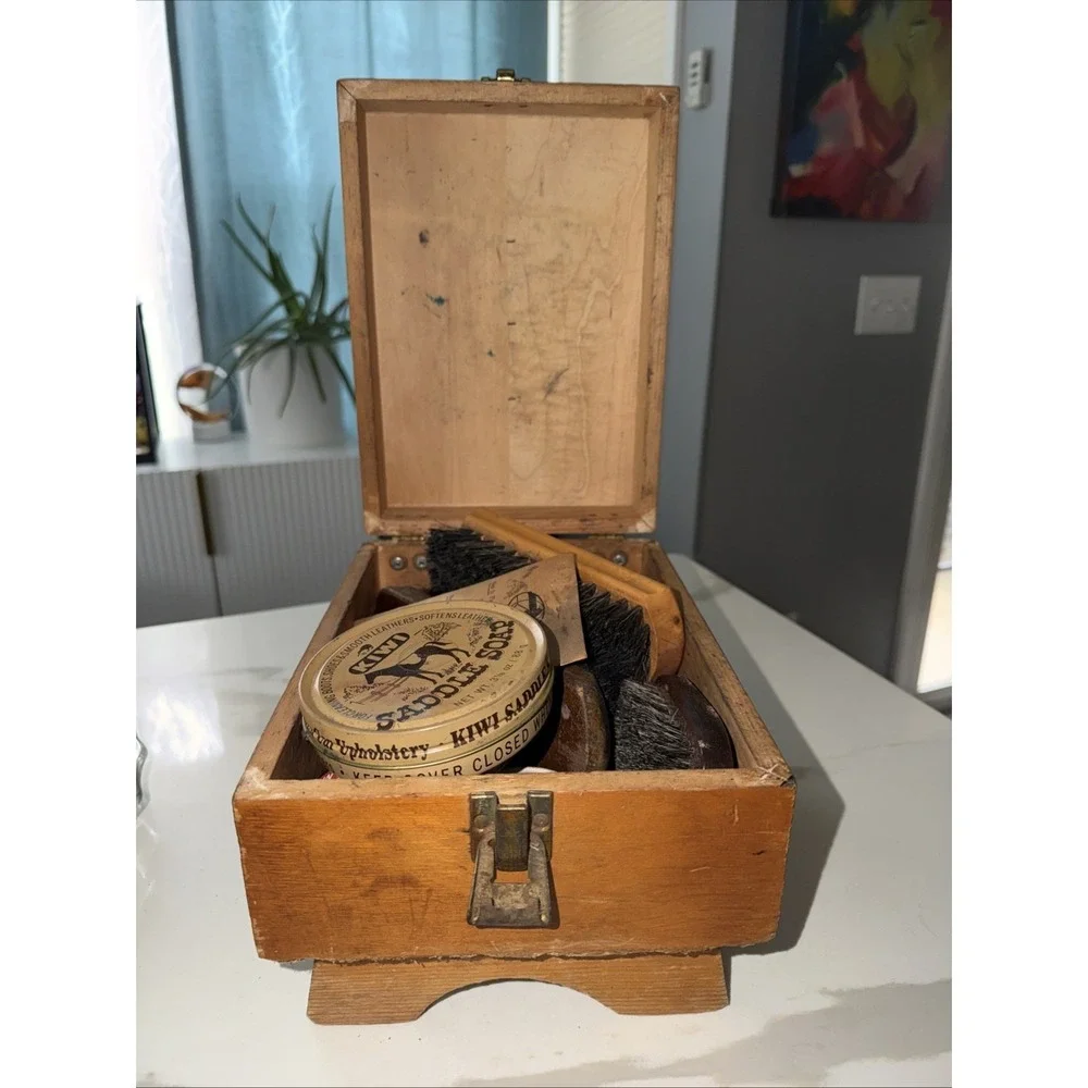 Vintage Shoes Shine Box Kit with Accessories Wood